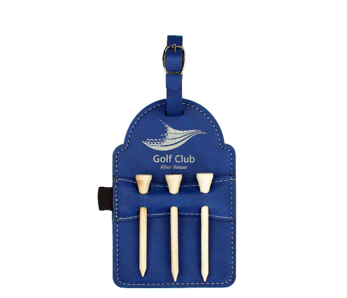 Golf Bag Tag mit 3 Tees 80x127mm blau/gold